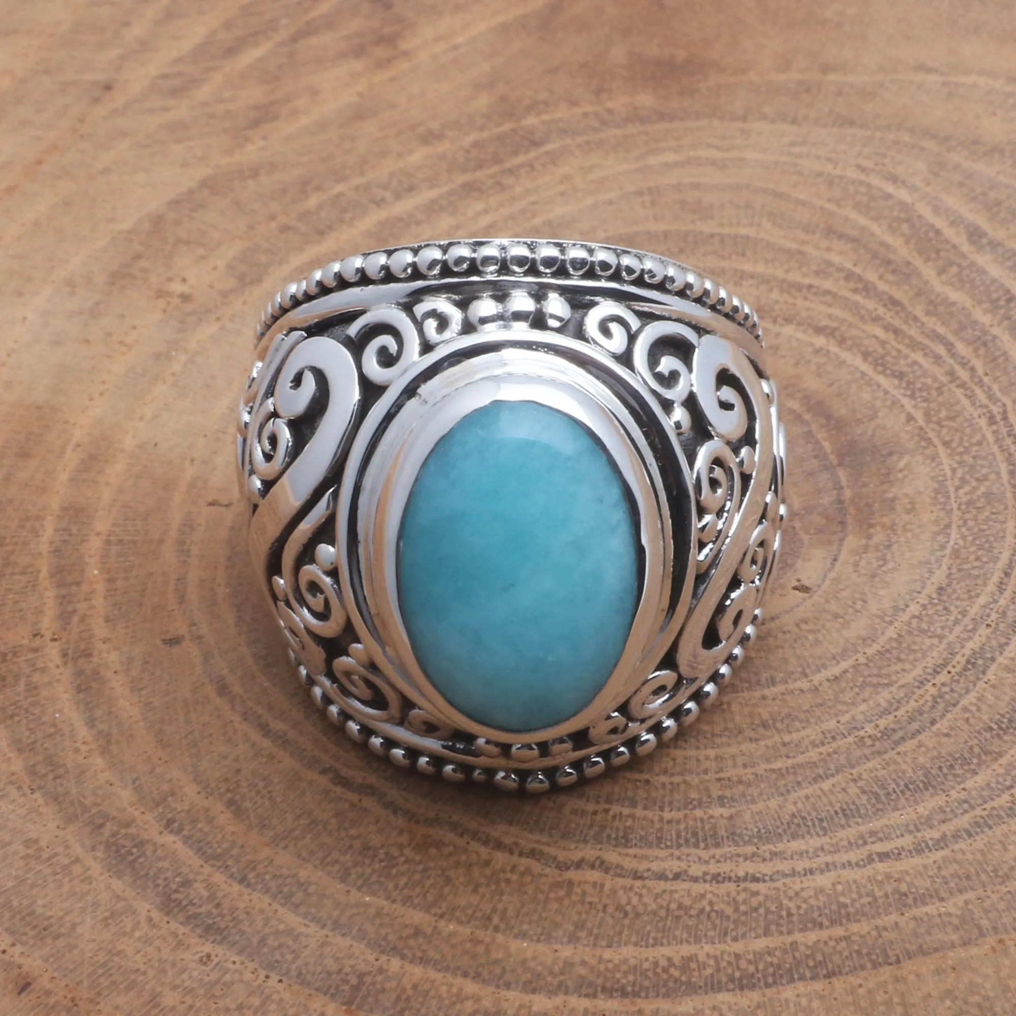 Oval Amazonite Sterling Silver Scroll Motif Cocktail Ring - Misty Temple | NOVICA