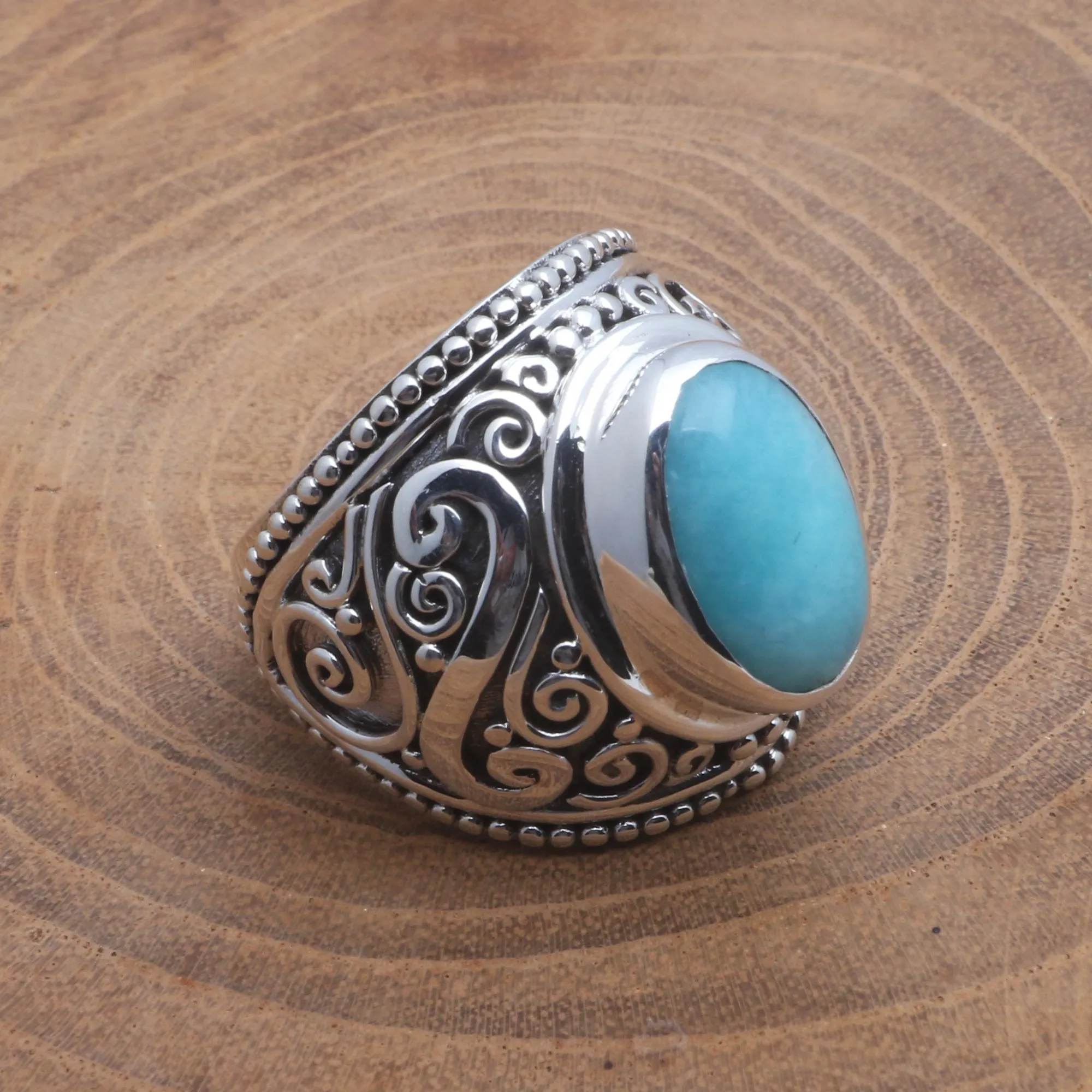 Oval Amazonite Sterling Silver Scroll Motif Cocktail Ring - Misty Temple | NOVICA