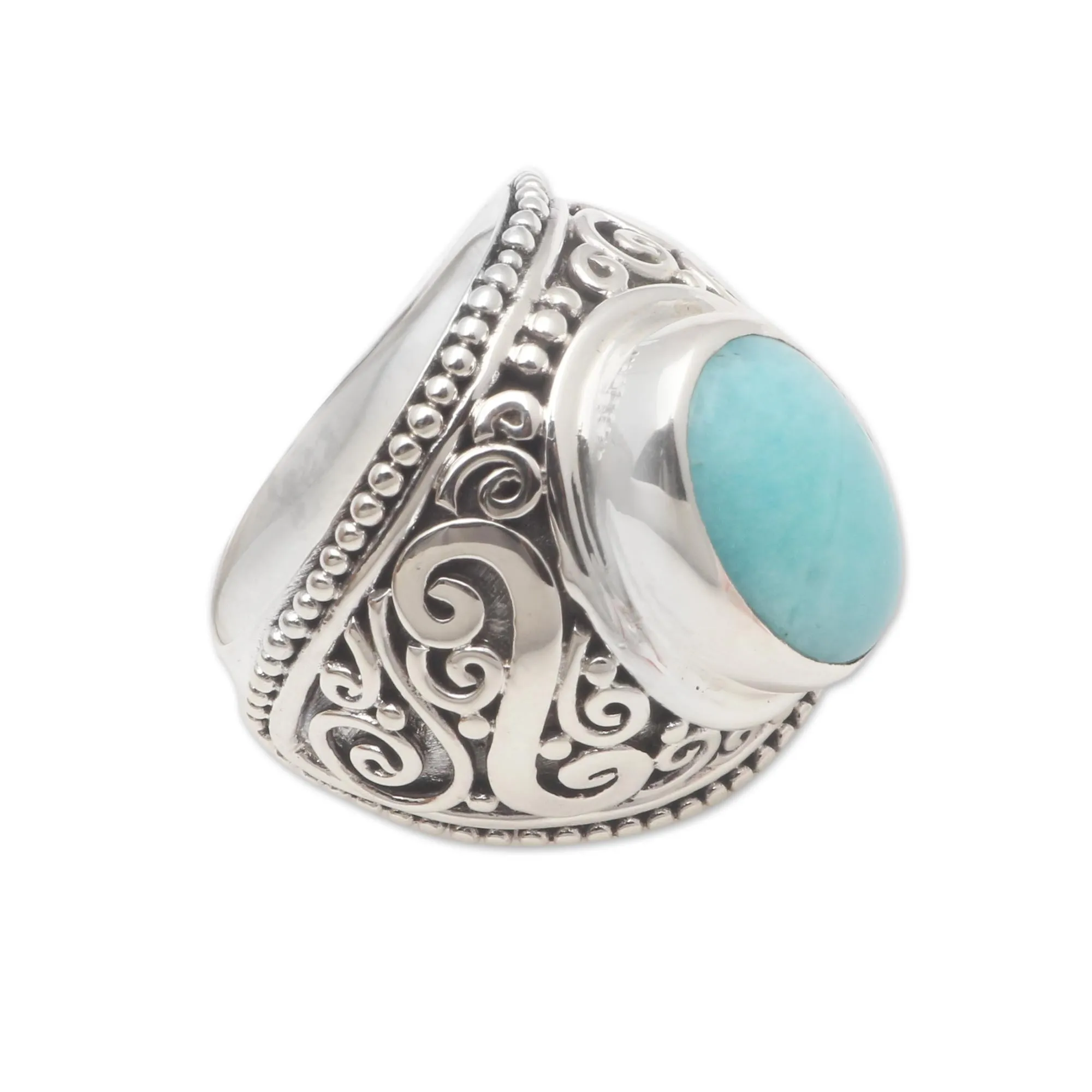 Oval Amazonite Sterling Silver Scroll Motif Cocktail Ring - Misty Temple | NOVICA