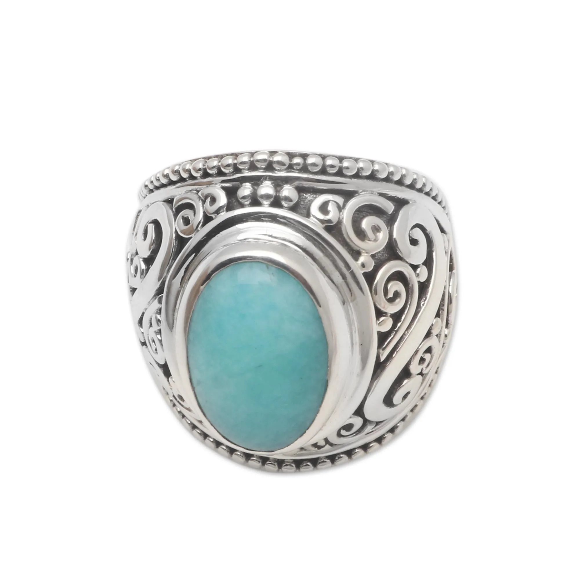 Oval Amazonite Sterling Silver Scroll Motif Cocktail Ring - Misty Temple | NOVICA
