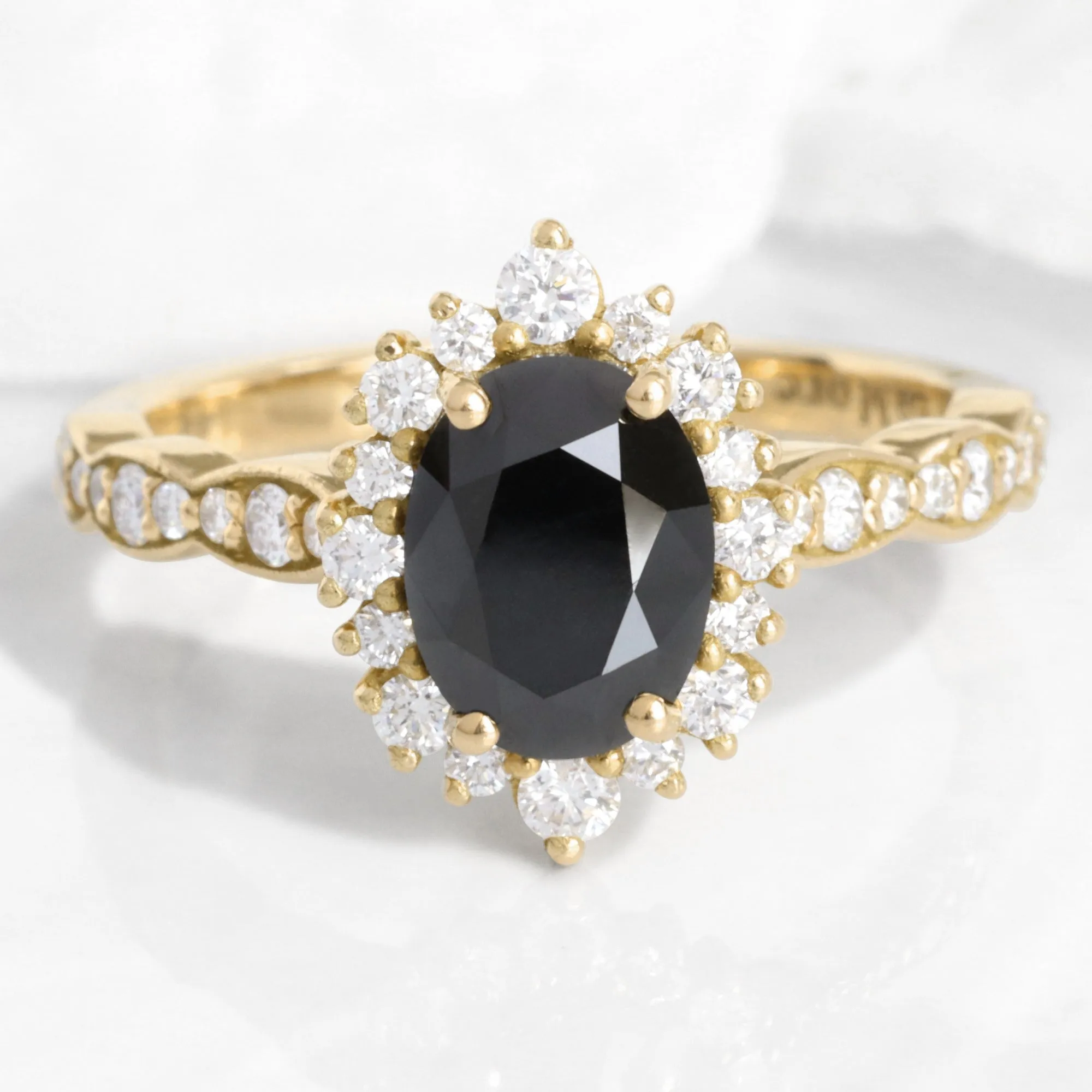 Oval Black Diamond Engagement Ring in Tiara Halo Diamond Scalloped Band
