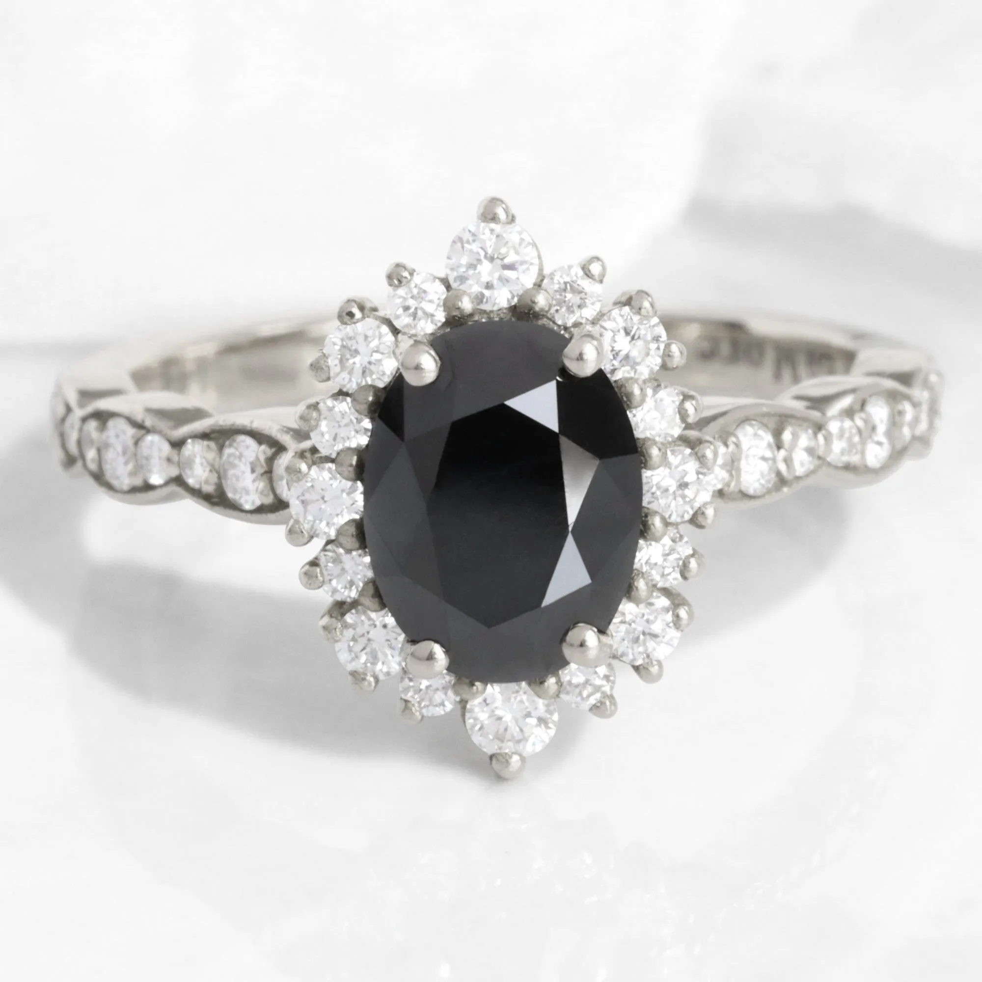 Oval Black Diamond Engagement Ring in Tiara Halo Diamond Scalloped Band