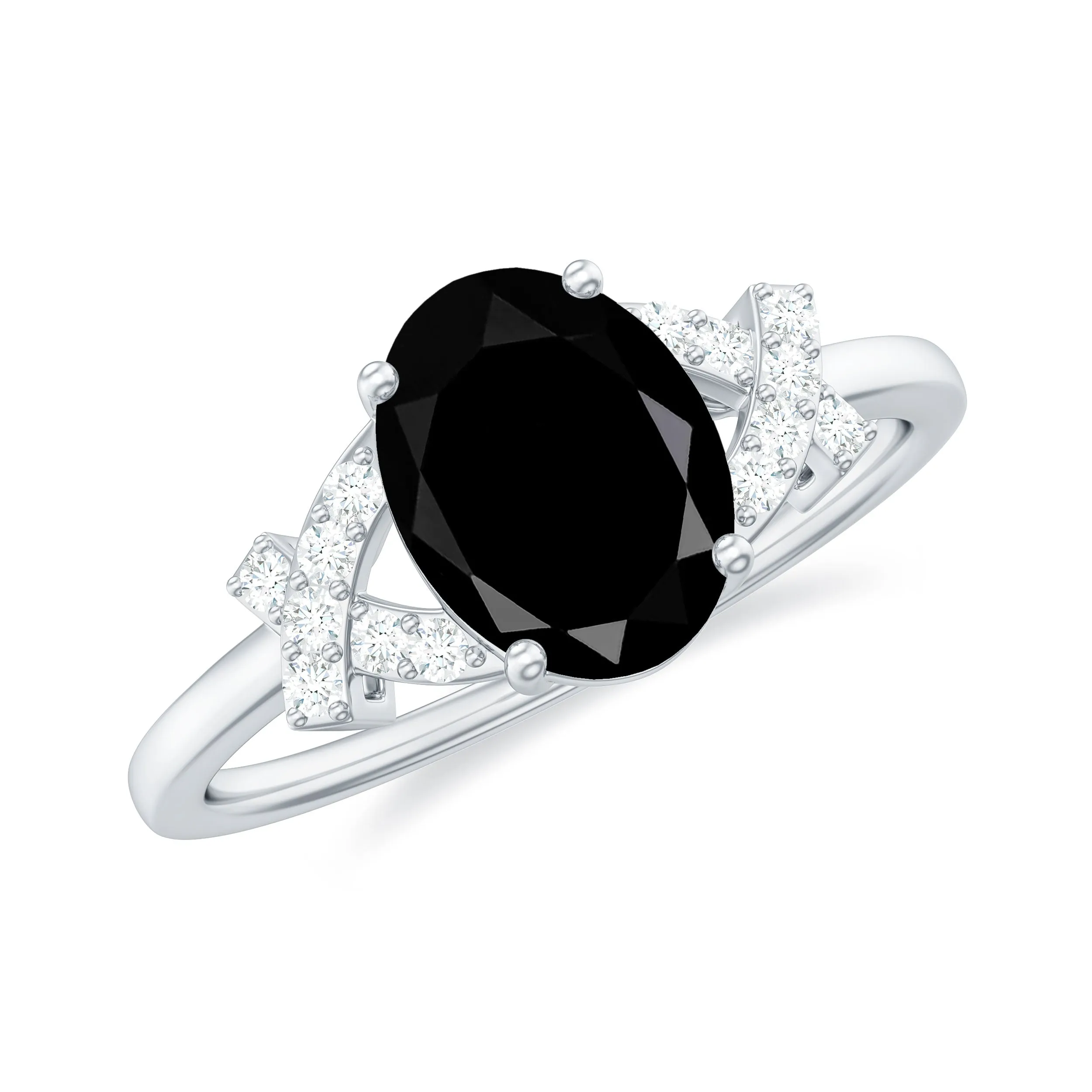 Oval Black Onyx Solitaire Split Shank Ring with Diamonds