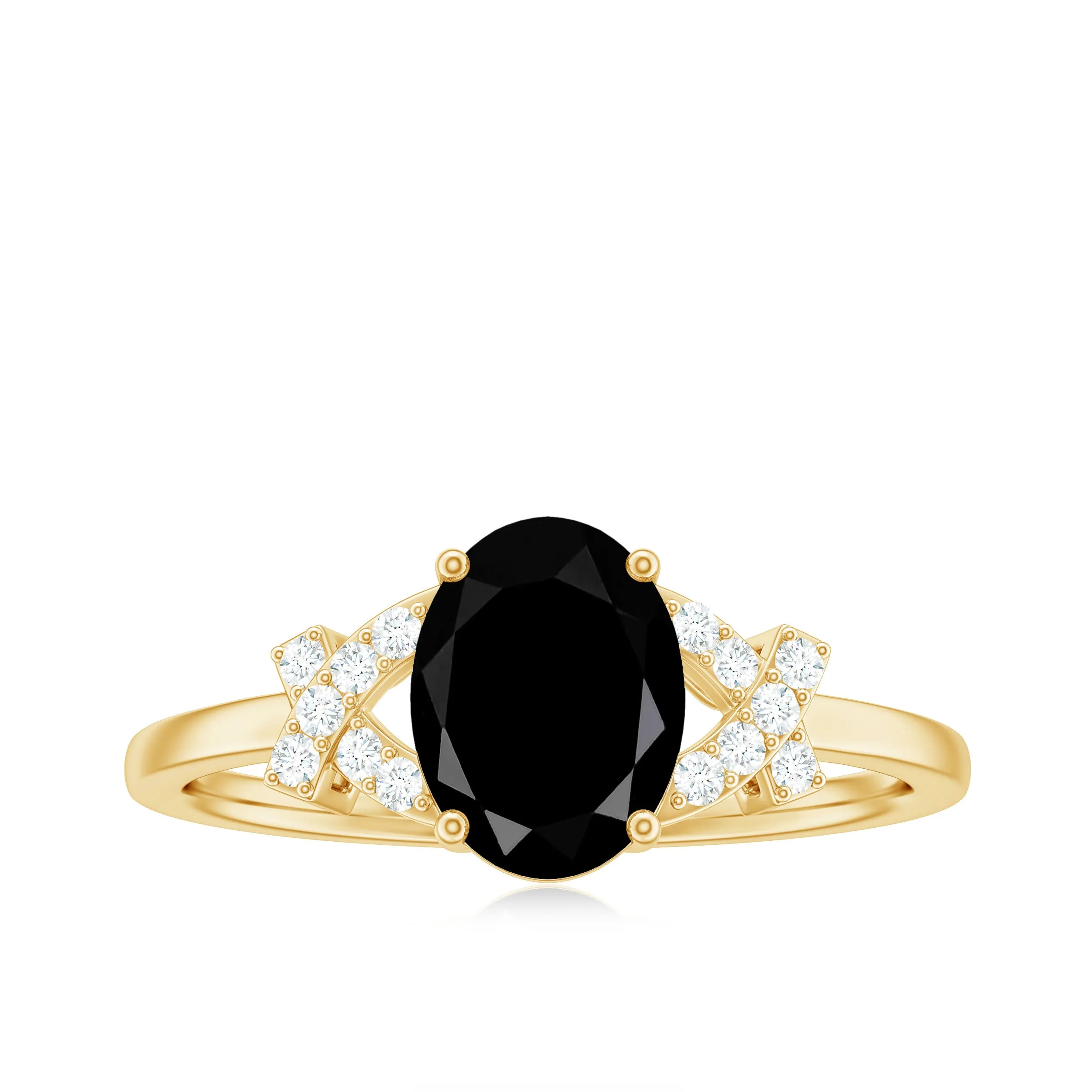 Oval Black Onyx Solitaire Split Shank Ring with Diamonds