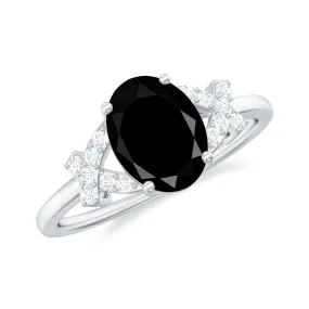 Oval Black Onyx Solitaire Split Shank Ring with Diamonds