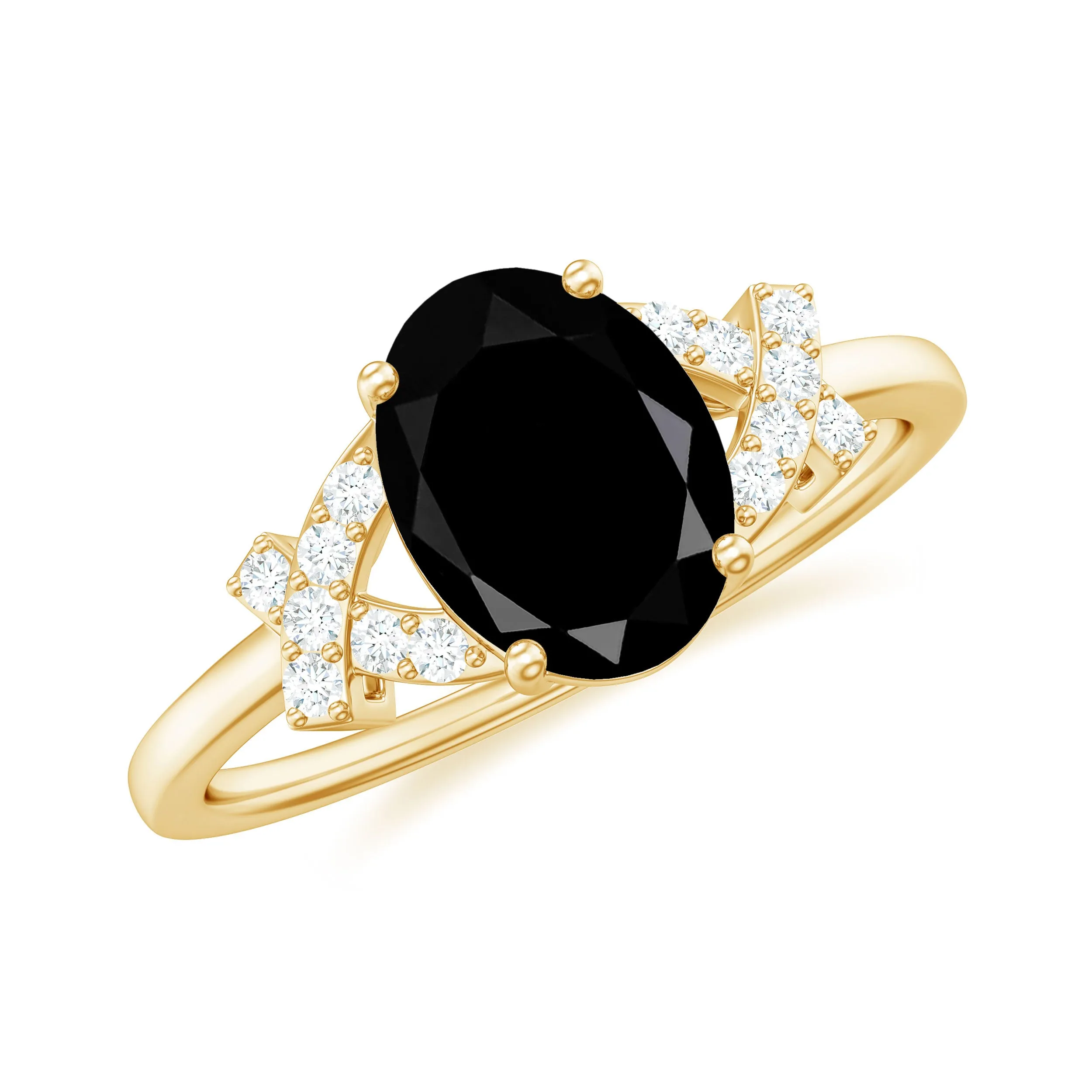 Oval Black Onyx Solitaire Split Shank Ring with Diamonds