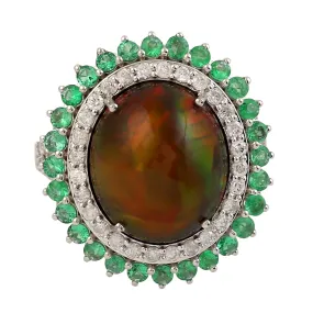 Oval Cut Opal Prong Emerald & Diamond Wedding Ring In 18K White Gold Jewelry For Her