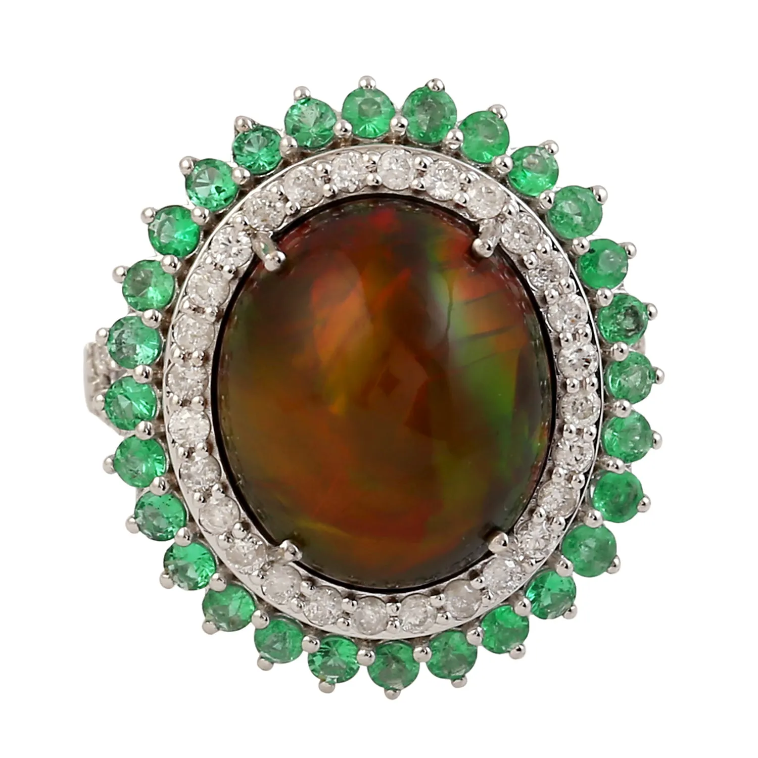 Oval Cut Opal Prong Emerald & Diamond Wedding Ring In 18K White Gold Jewelry For Her