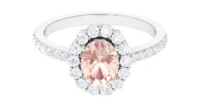 Oval Shape Morganite Engagement Ring with Diamond Halo