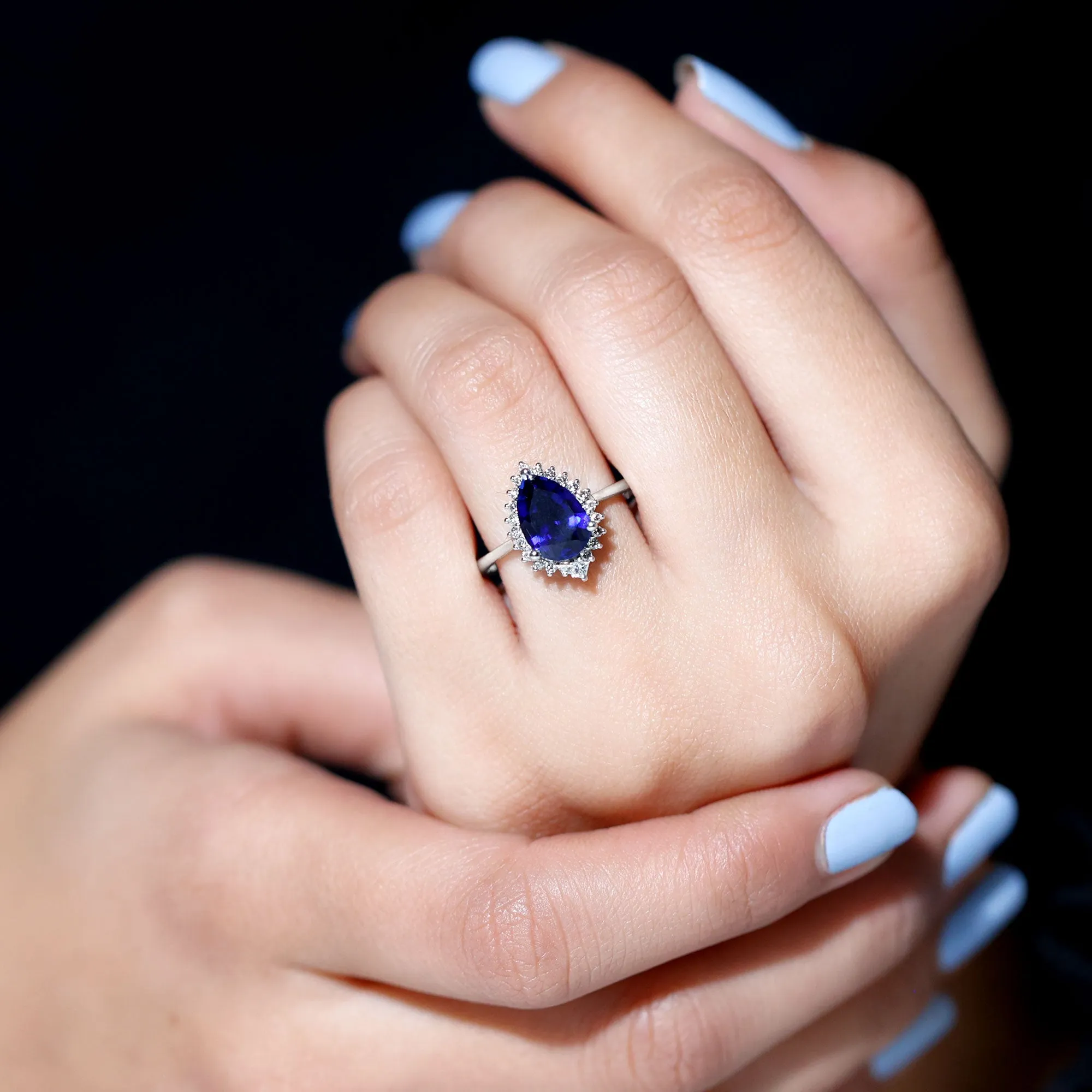 Pear Created Blue Sapphire Cocktail Halo Ring with Diamond