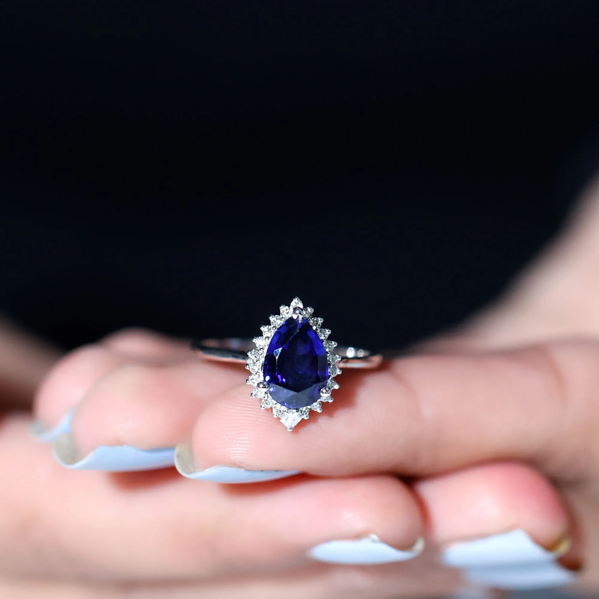 Pear Created Blue Sapphire Cocktail Halo Ring with Diamond
