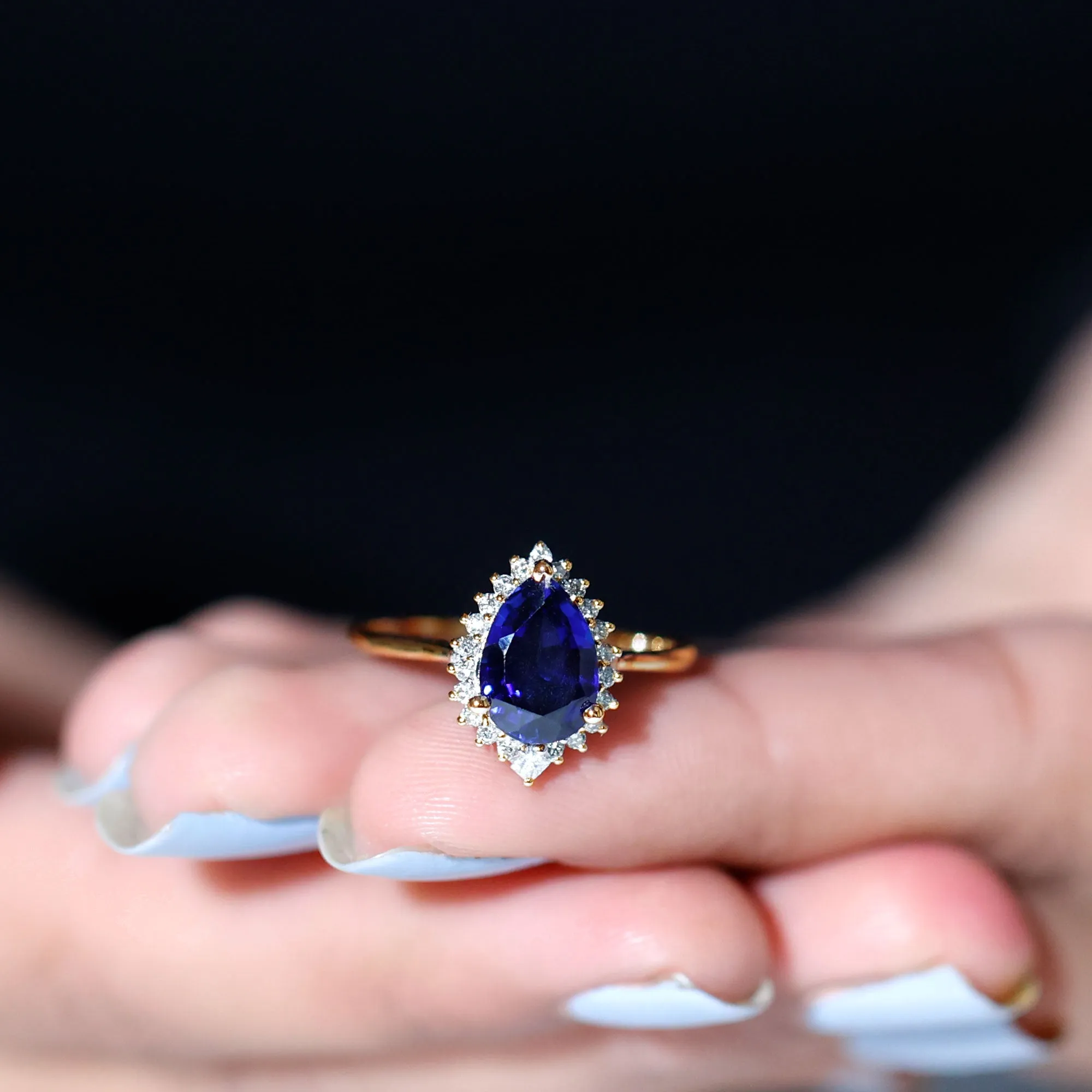 Pear Created Blue Sapphire Cocktail Halo Ring with Diamond