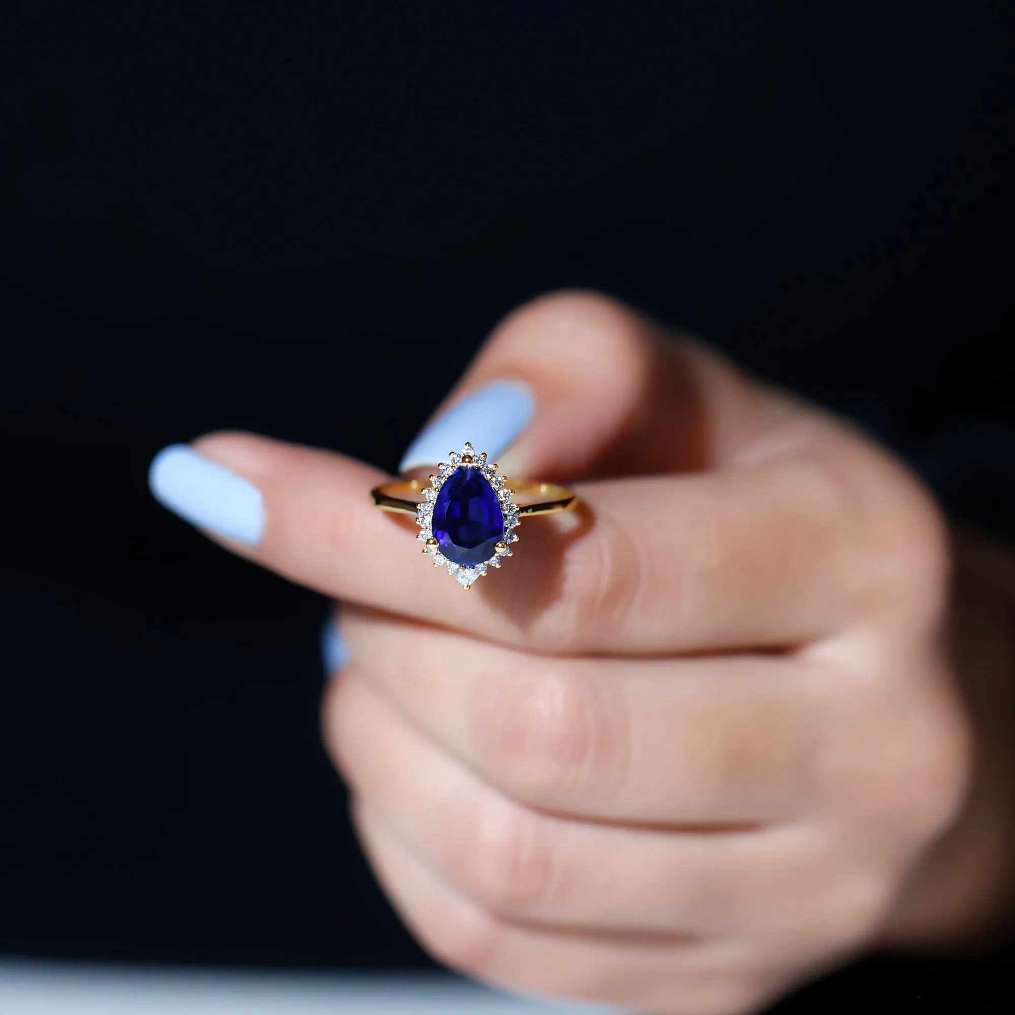 Pear Created Blue Sapphire Cocktail Halo Ring with Diamond