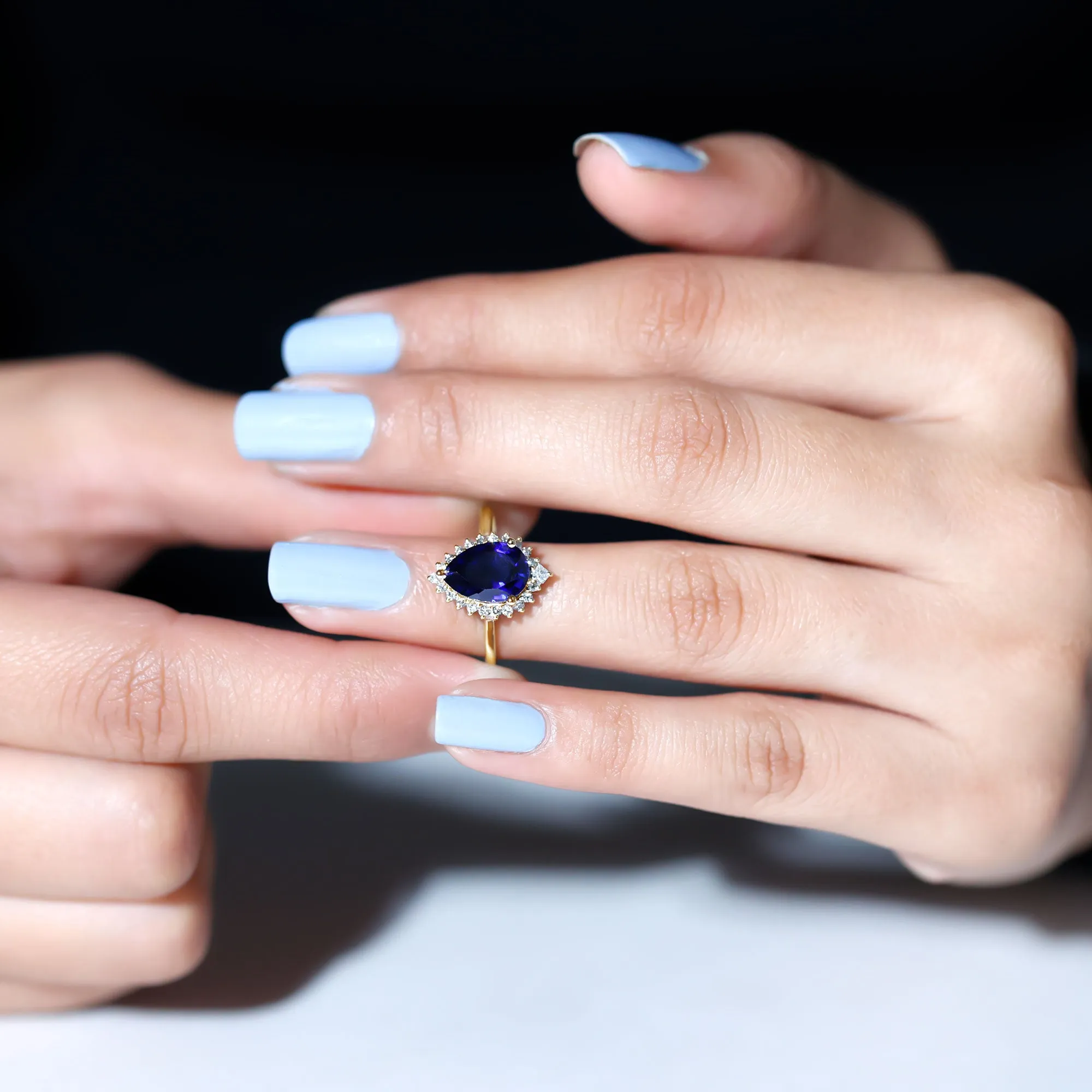 Pear Created Blue Sapphire Cocktail Halo Ring with Diamond