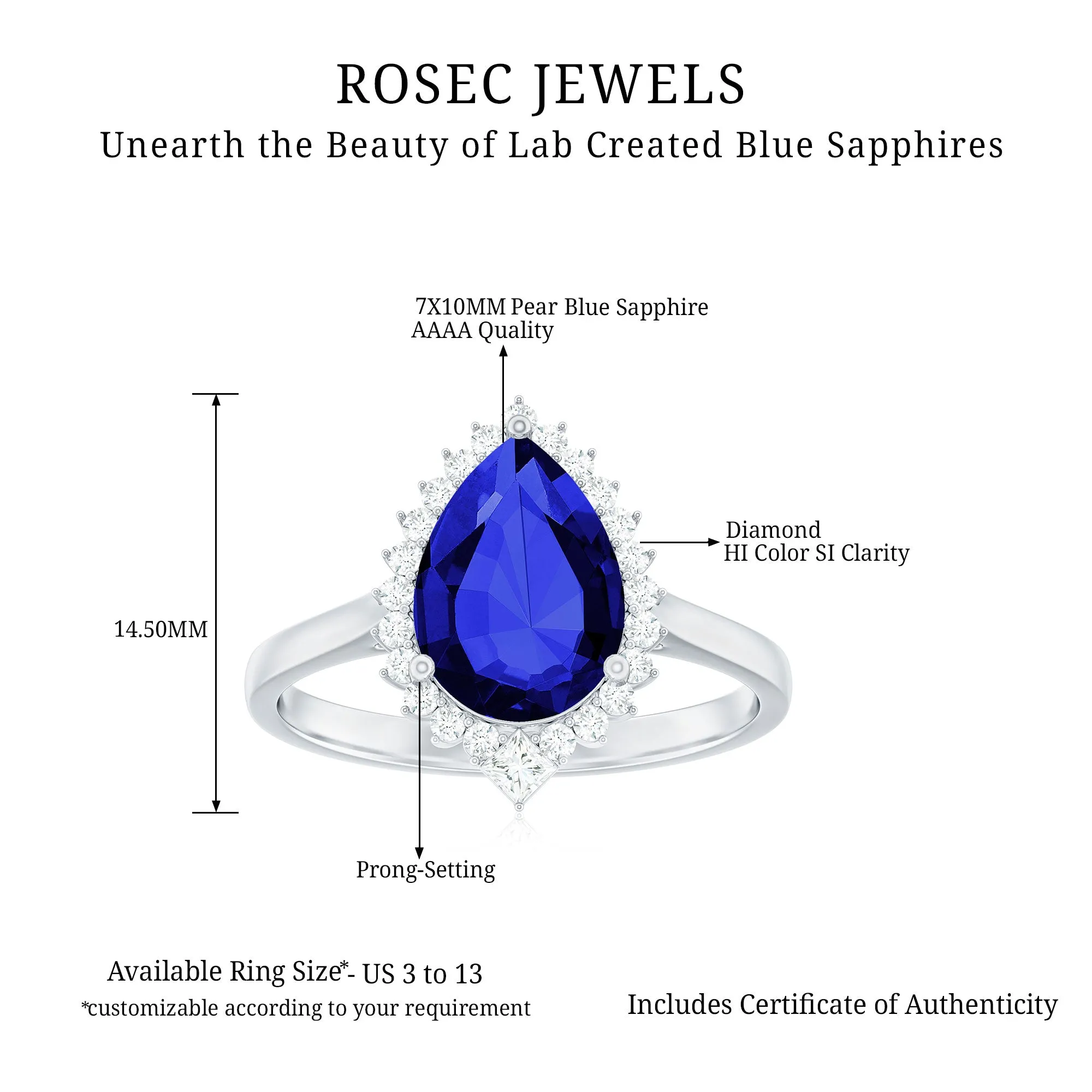 Pear Created Blue Sapphire Cocktail Halo Ring with Diamond