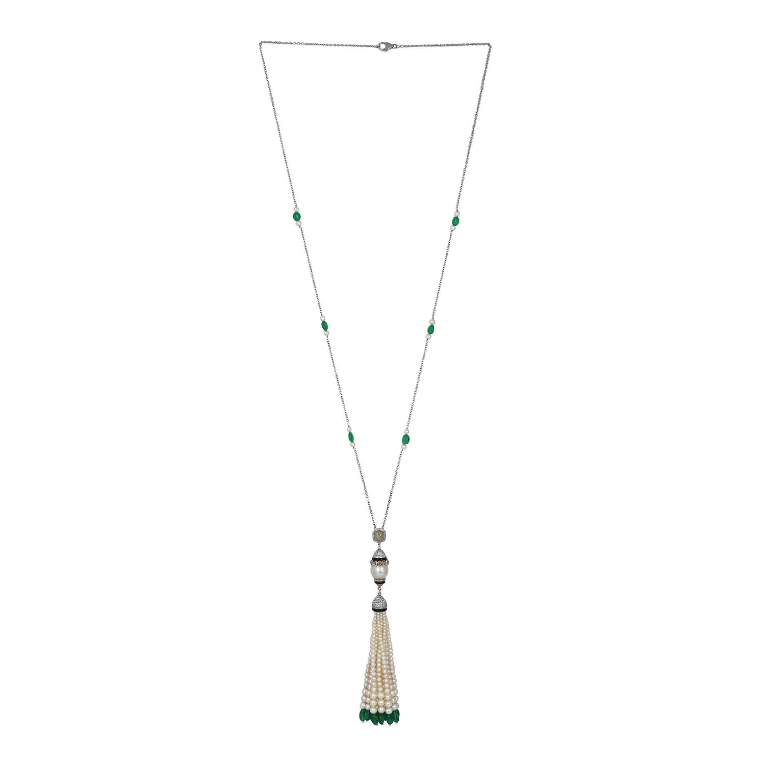 Pearl Beads Emerald Multi Gemstone Tassel Matinee Necklace Pave Diamond In White Gold