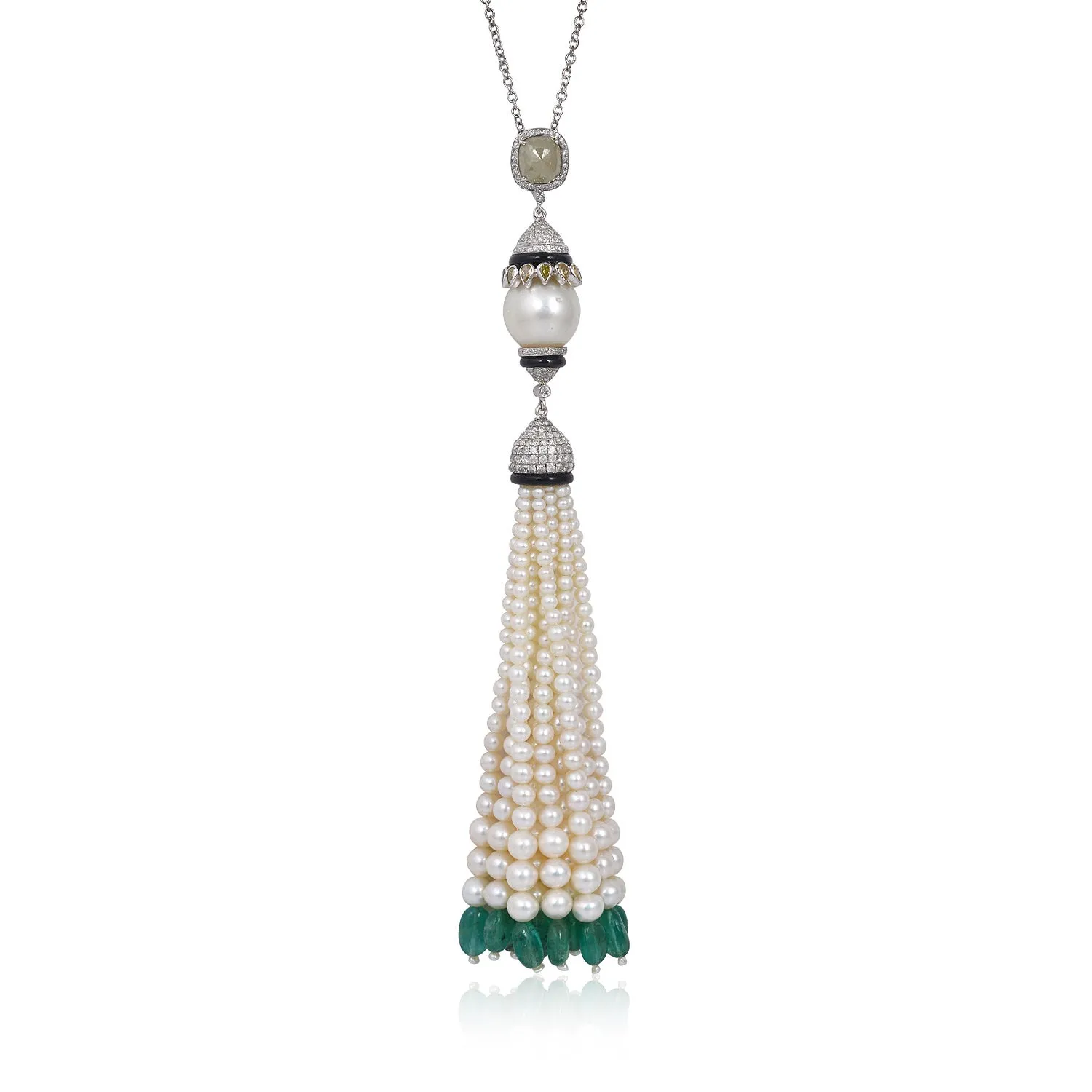 Pearl Beads Emerald Multi Gemstone Tassel Matinee Necklace Pave Diamond In White Gold