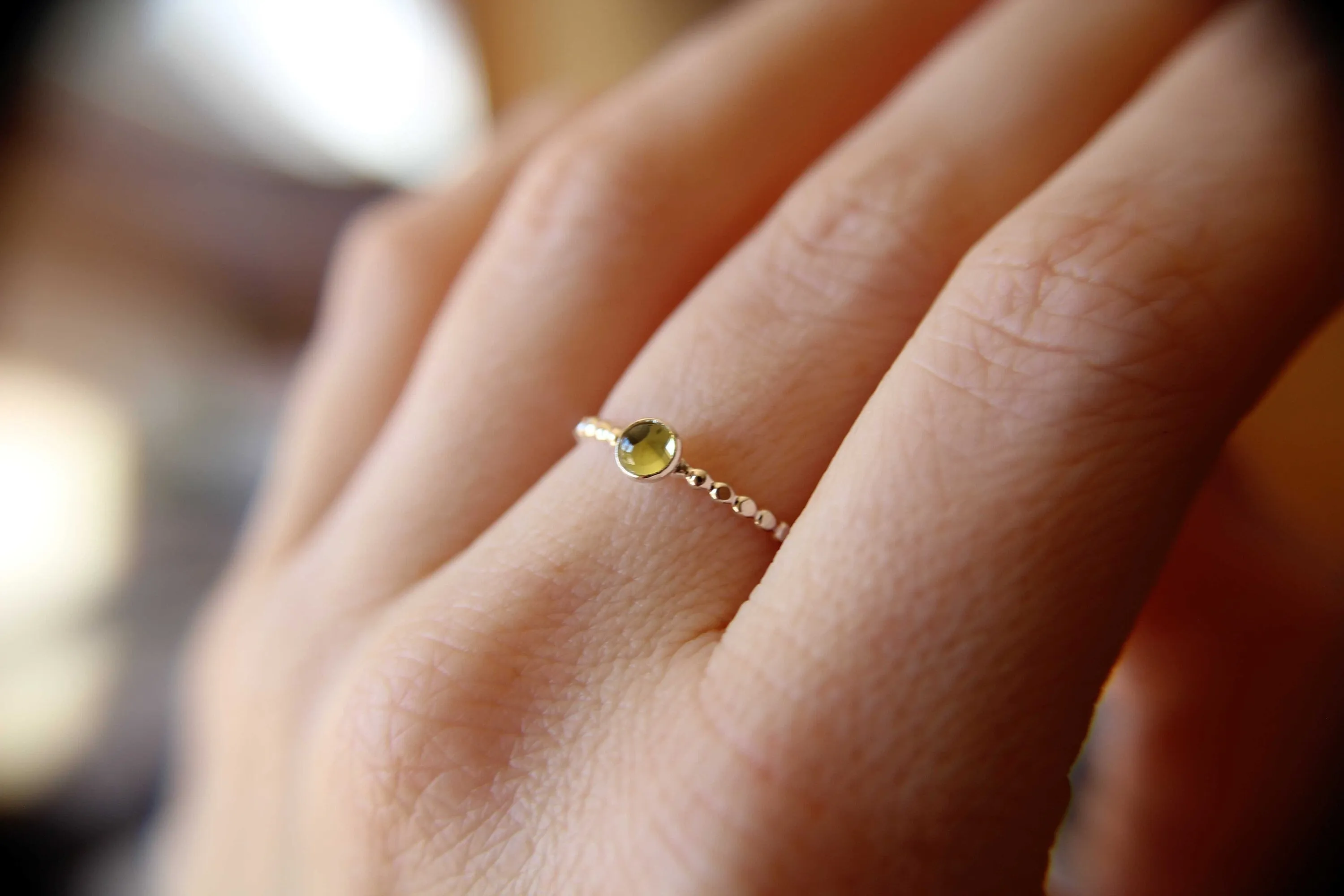 Peridot Ring, Peridot Stacking Ring, Beaded Ring, Simple Stacking Ring, Silver Peridot Ring, Peridot Jewelry, Green, Minimalist Ring, August
