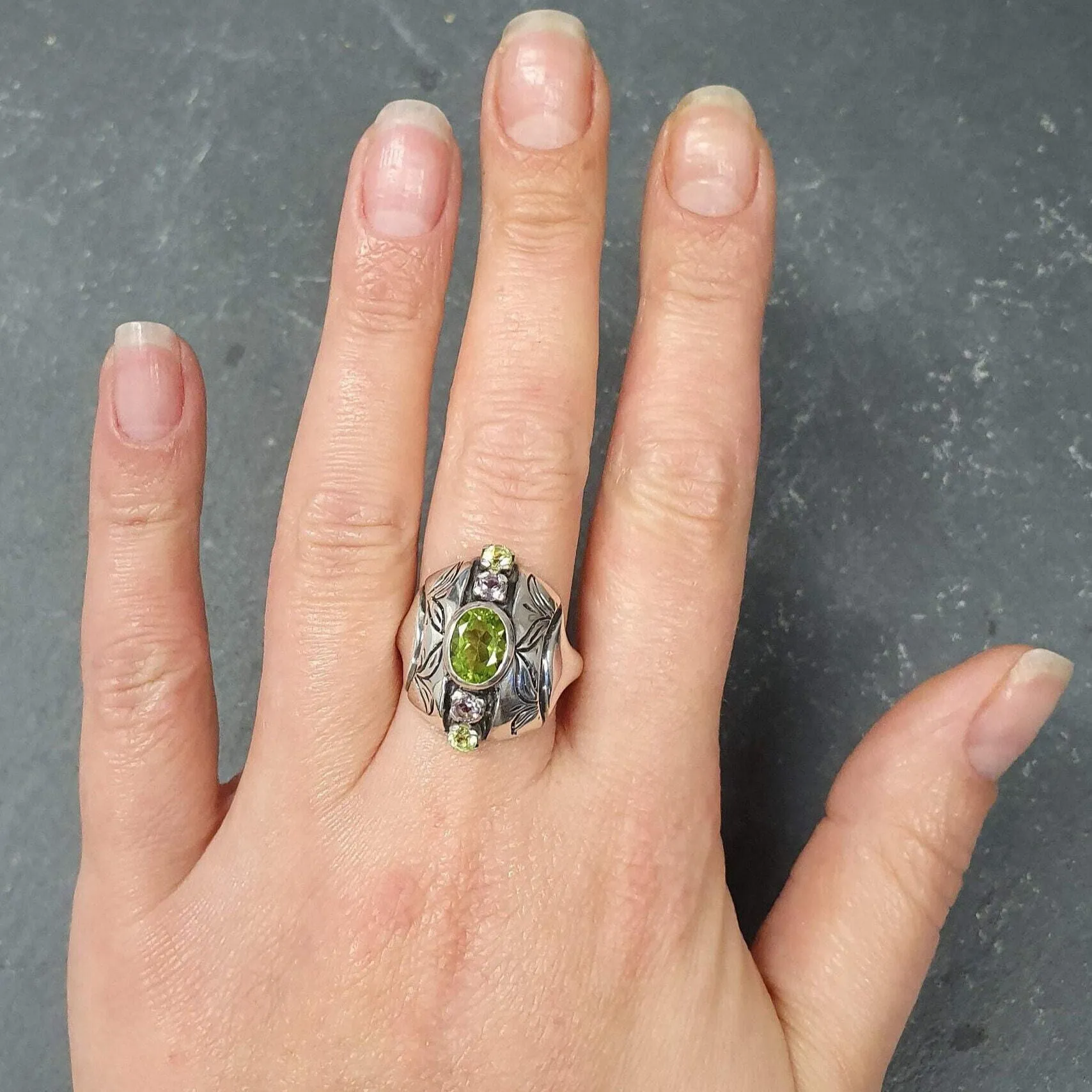 Peridot Ring - Tribal Multistone Ring - Bezel Cocktail Ring