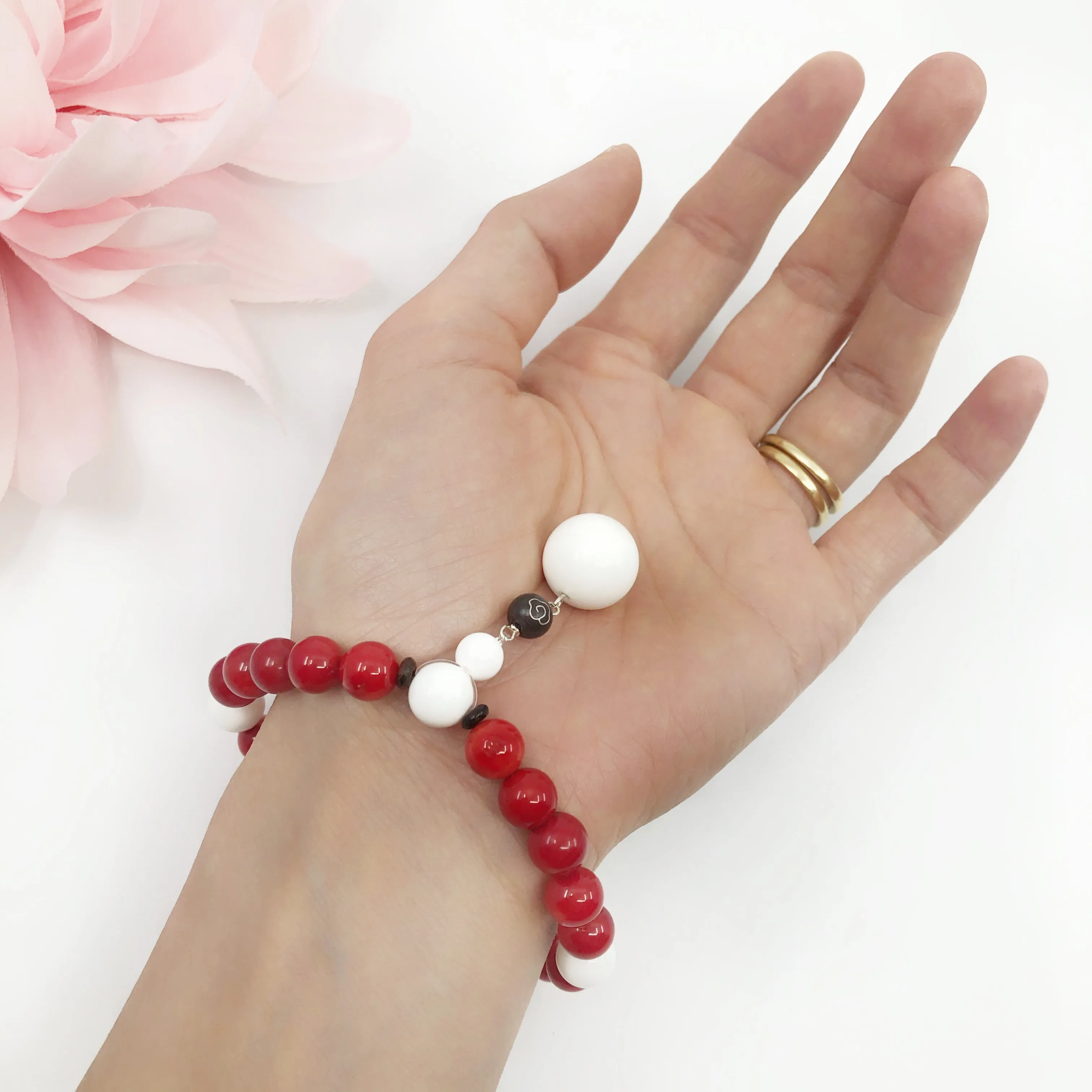 Plum Blossom Beaded Red Coral Bracelet