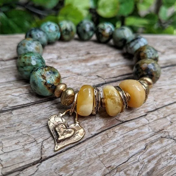 Polished Baltic Amber & African Turquoise Forest Green Earthy Elastic Bracelet
