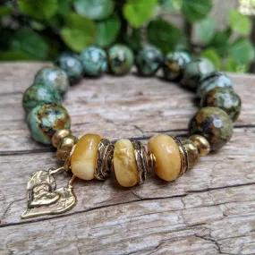 Polished Baltic Amber & African Turquoise Forest Green Earthy Elastic Bracelet
