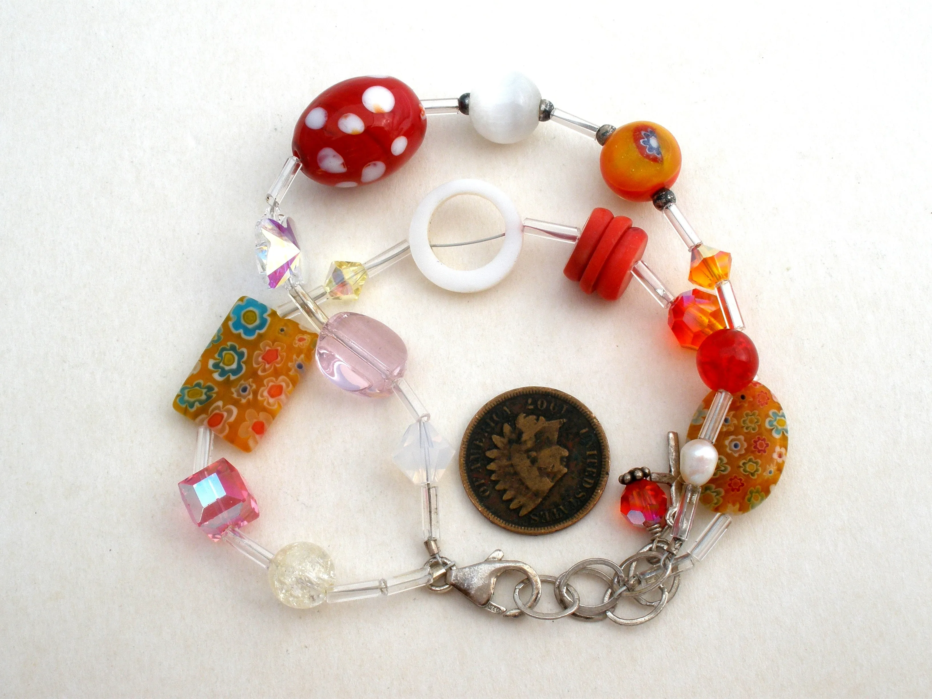 Red Art Glass MOP Bead Bracelet 925
