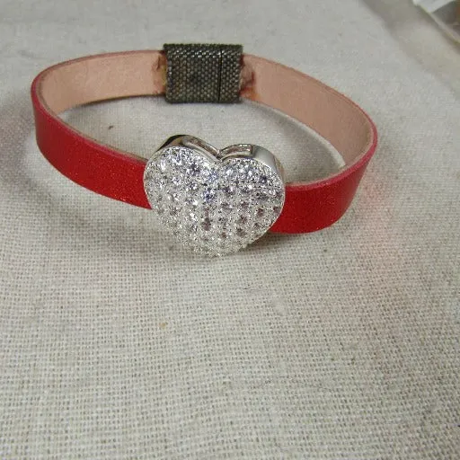 Red Leather Bracelet with Crystal Heart