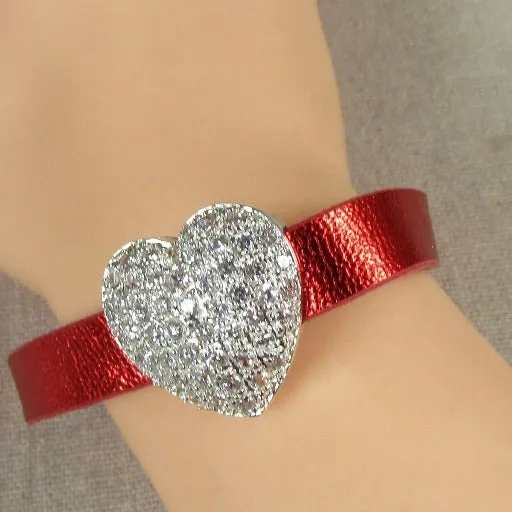 Red Leather Bracelet with Crystal Heart