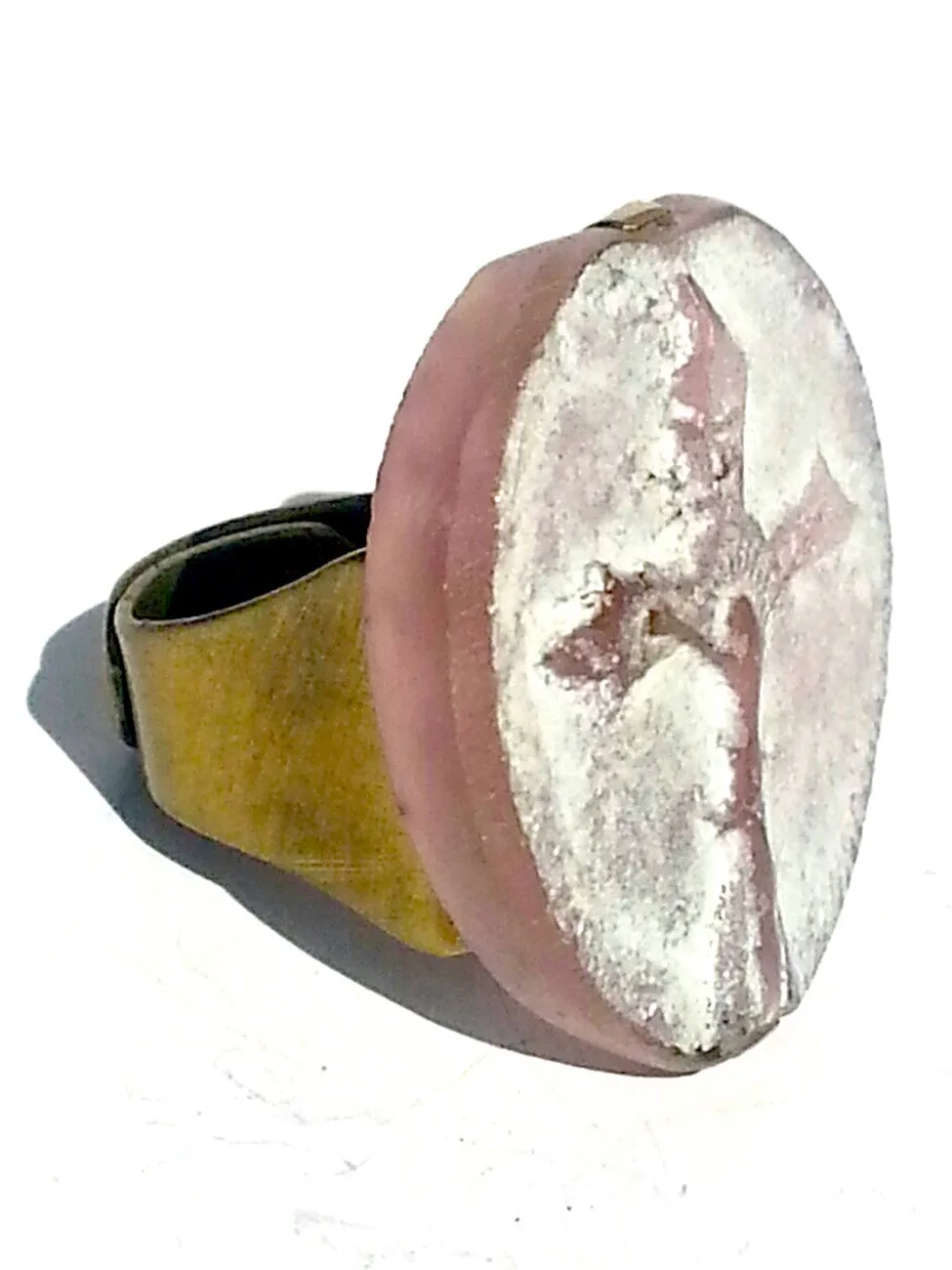 Ring Hand Cast French Glass Pink Cross