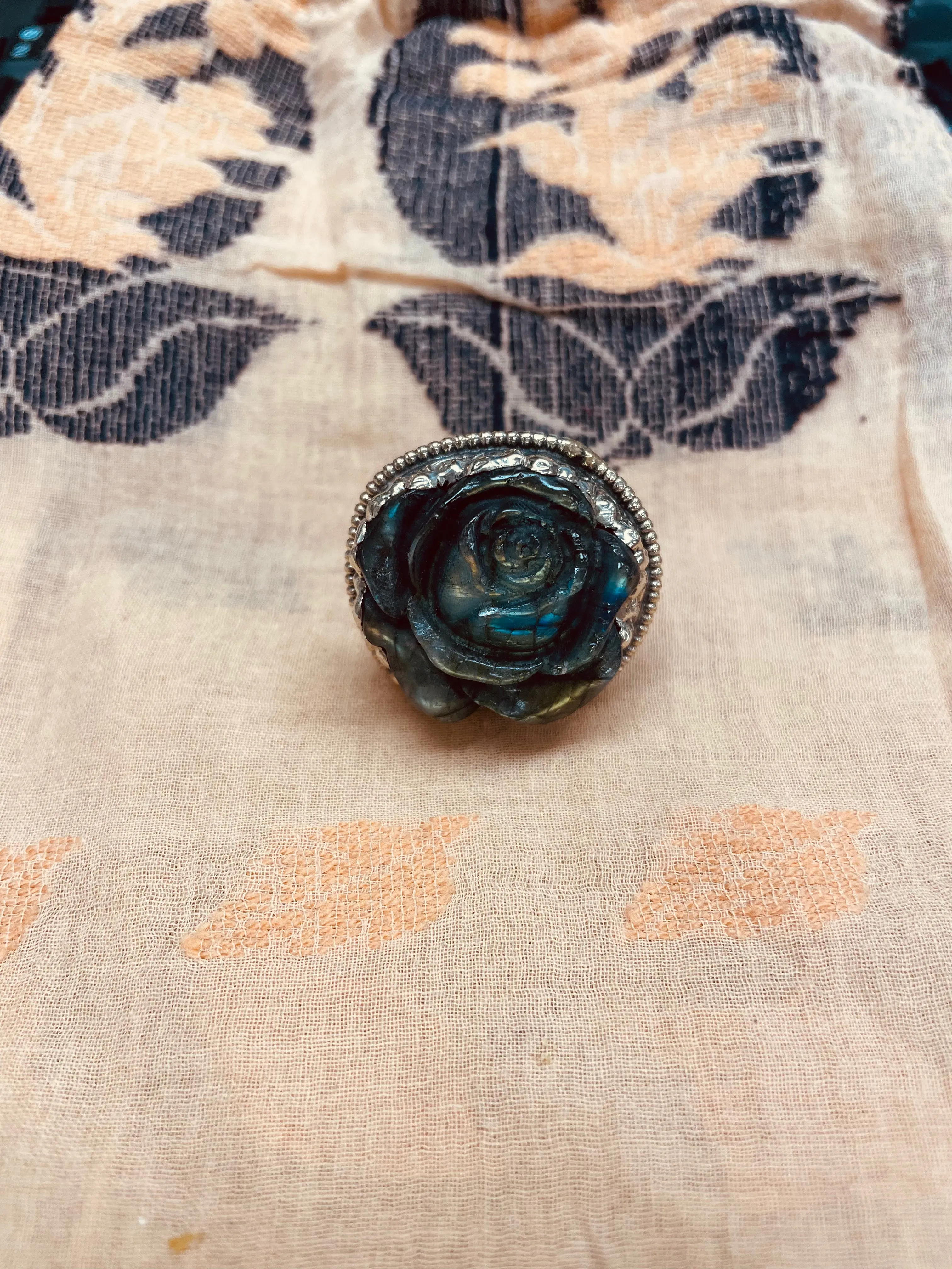 Rose Carved in Labradorite Adjustable Ornate Ring