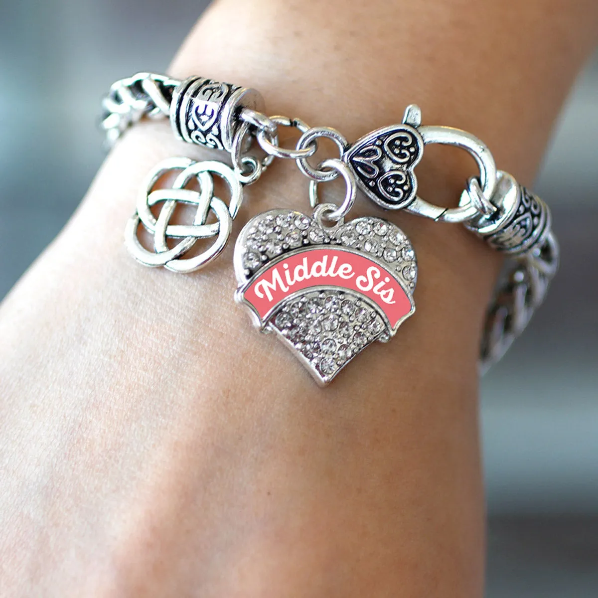Silver Coral Middle Sis Celtic Knot Pave Heart Charm Braided Bracelet