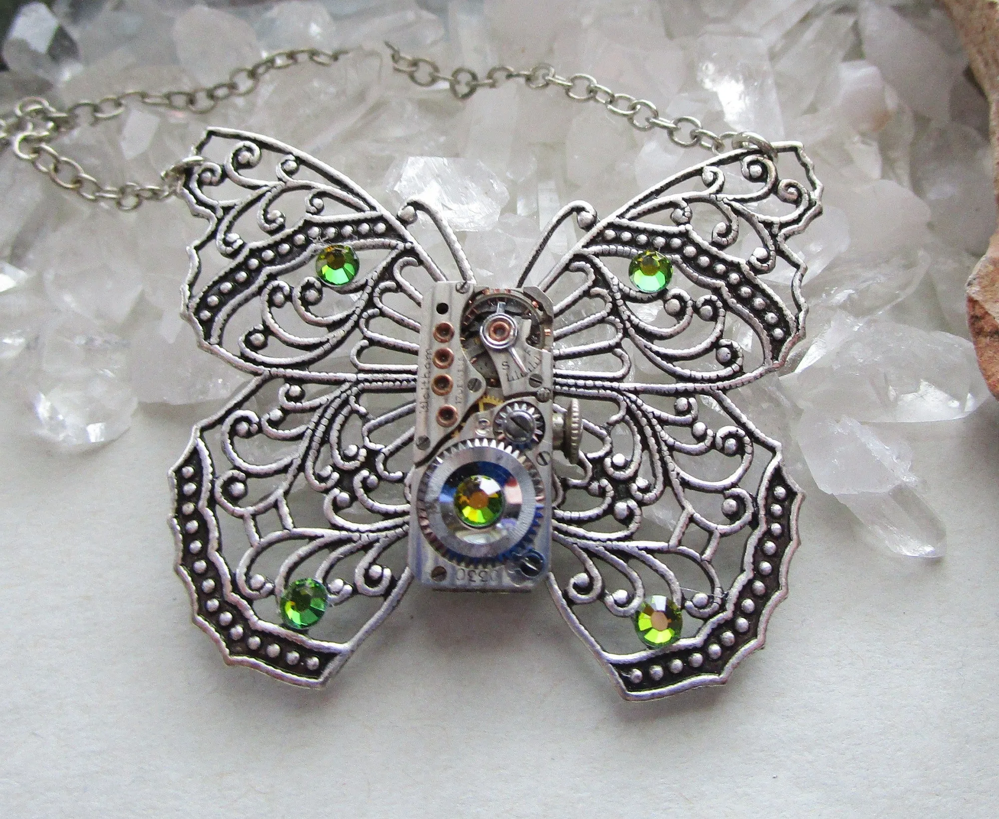 Silver Filigree Butterfly Watchworks Rainbow Crystal Necklace