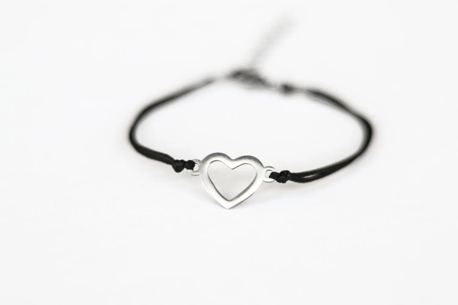 Silver heart bracelet, black cord, personalised jewelry, waterproof