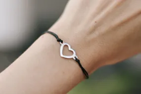 Silver heart bracelet, black cord, personalised jewelry, waterproof