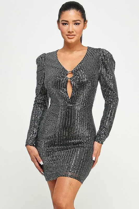 Silver Long Sleeve Sequin Dress With Ring Detail