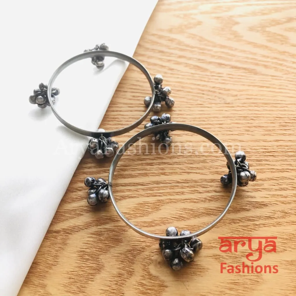 Silver Openable Oxidized Bangles with Silver Beads, Pair of 2 Bangles
