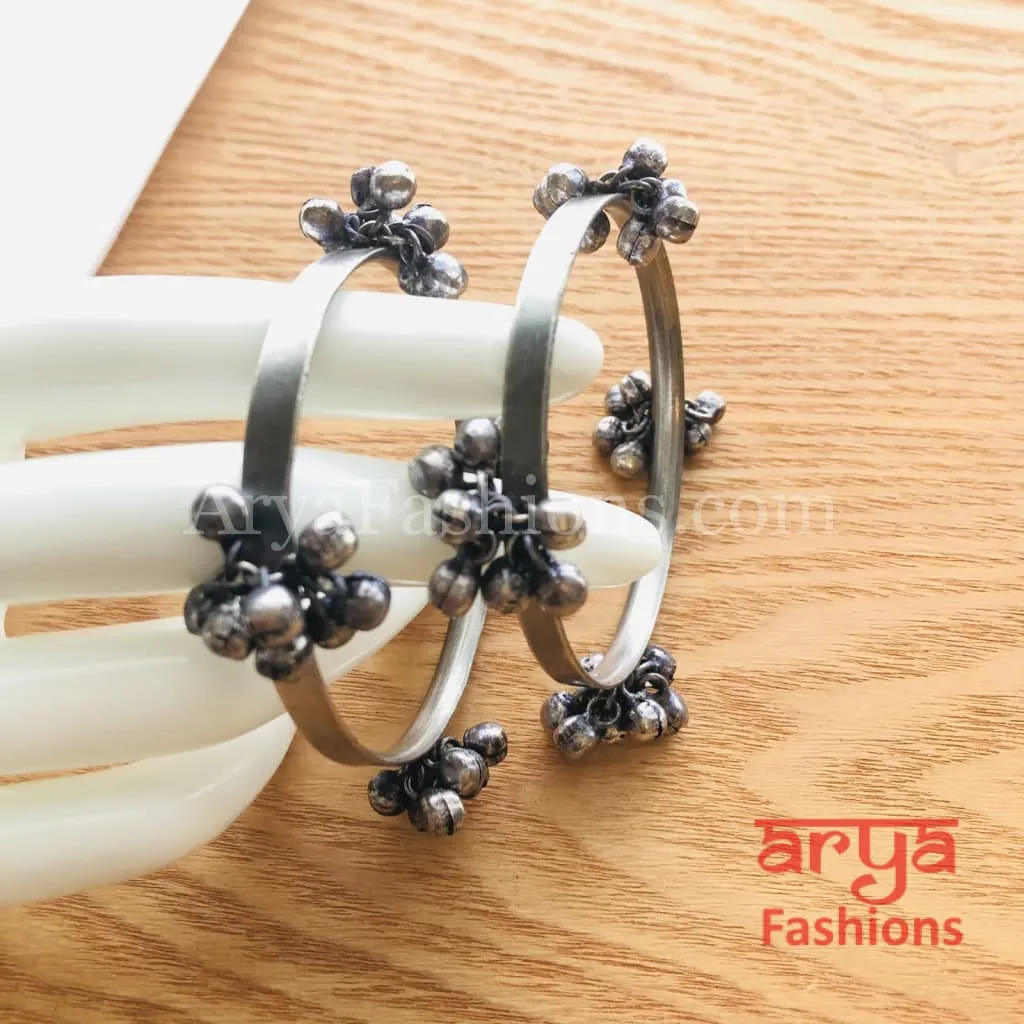 Silver Openable Oxidized Bangles with Silver Beads, Pair of 2 Bangles