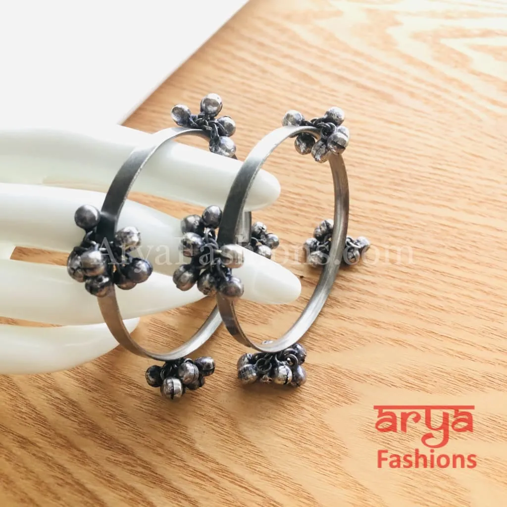 Silver Openable Oxidized Bangles with Silver Beads, Pair of 2 Bangles
