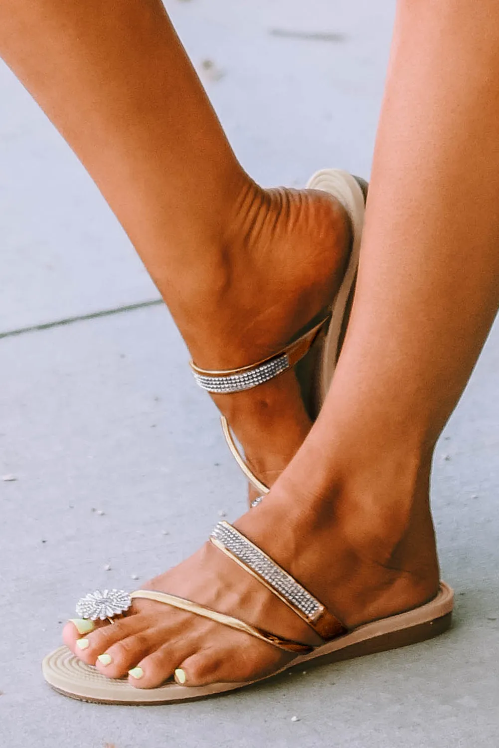 Silver Rhinestone Toe Ring Flat Sandals