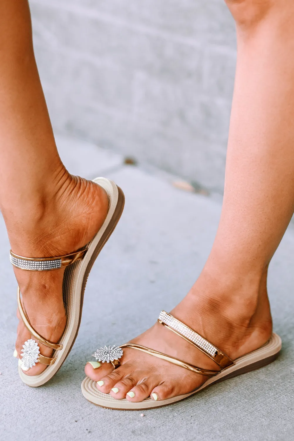 Silver Rhinestone Toe Ring Flat Sandals
