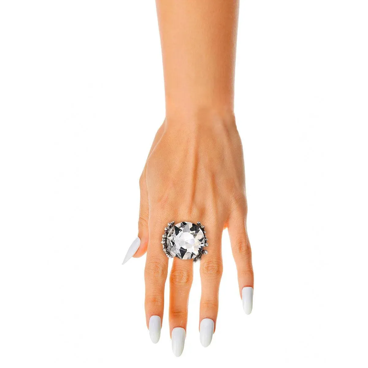Silver Tone Branch Luxury Clear Acrylic Crystal Cocktail Ring