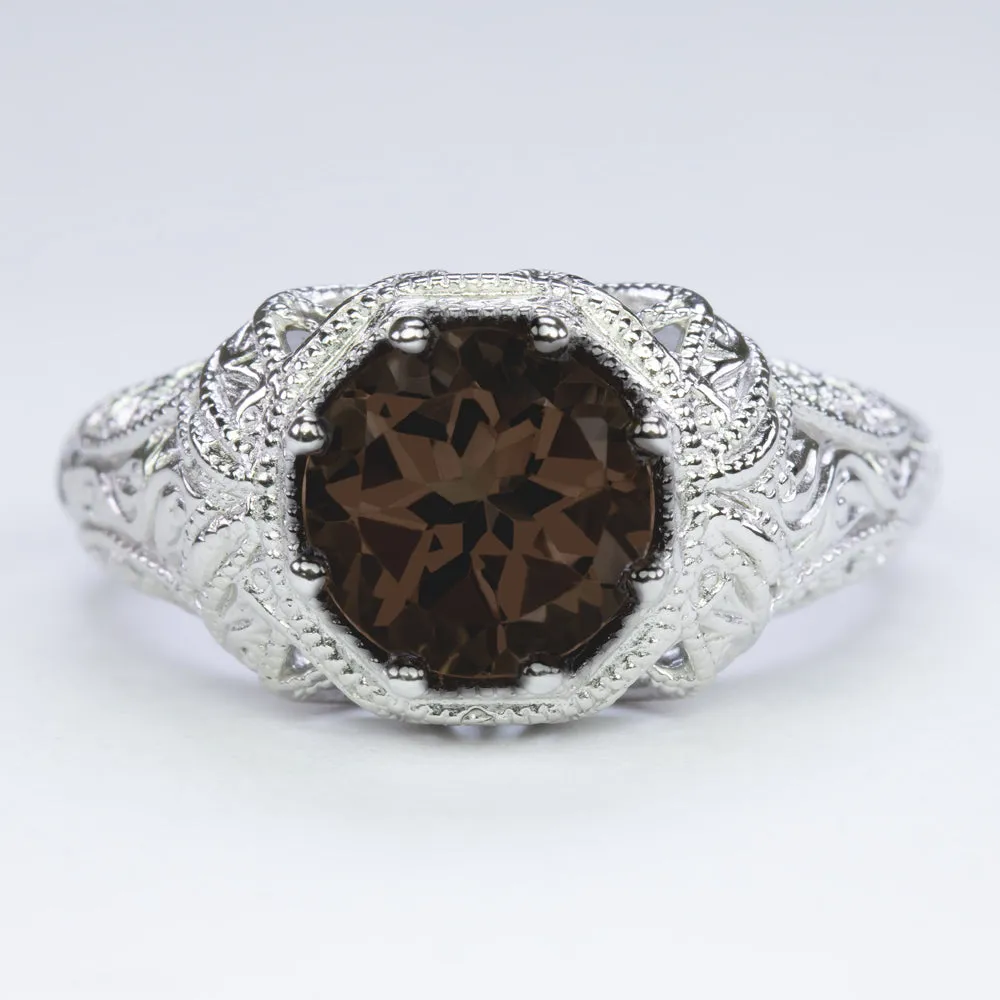 SMOKY QUARTZ VINTAGE STYLE COCKTAIL RING STERLING SILVER FILIGREE ART DECO ROUND