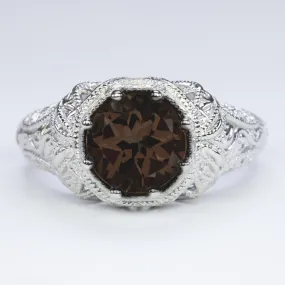 SMOKY QUARTZ VINTAGE STYLE COCKTAIL RING STERLING SILVER FILIGREE ART DECO ROUND