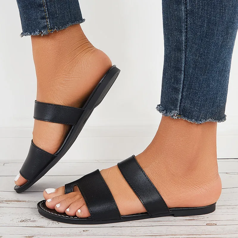 Sohiwoo Women Clip Toe Slide Sandals Slip On Flat Toe Ring Beach Slippers