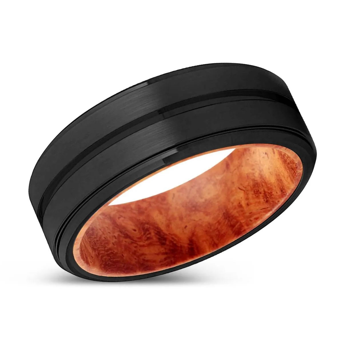 SPICE | Red Burl Wood, Black Tungsten Ring, Grooved, Stepped Edge
