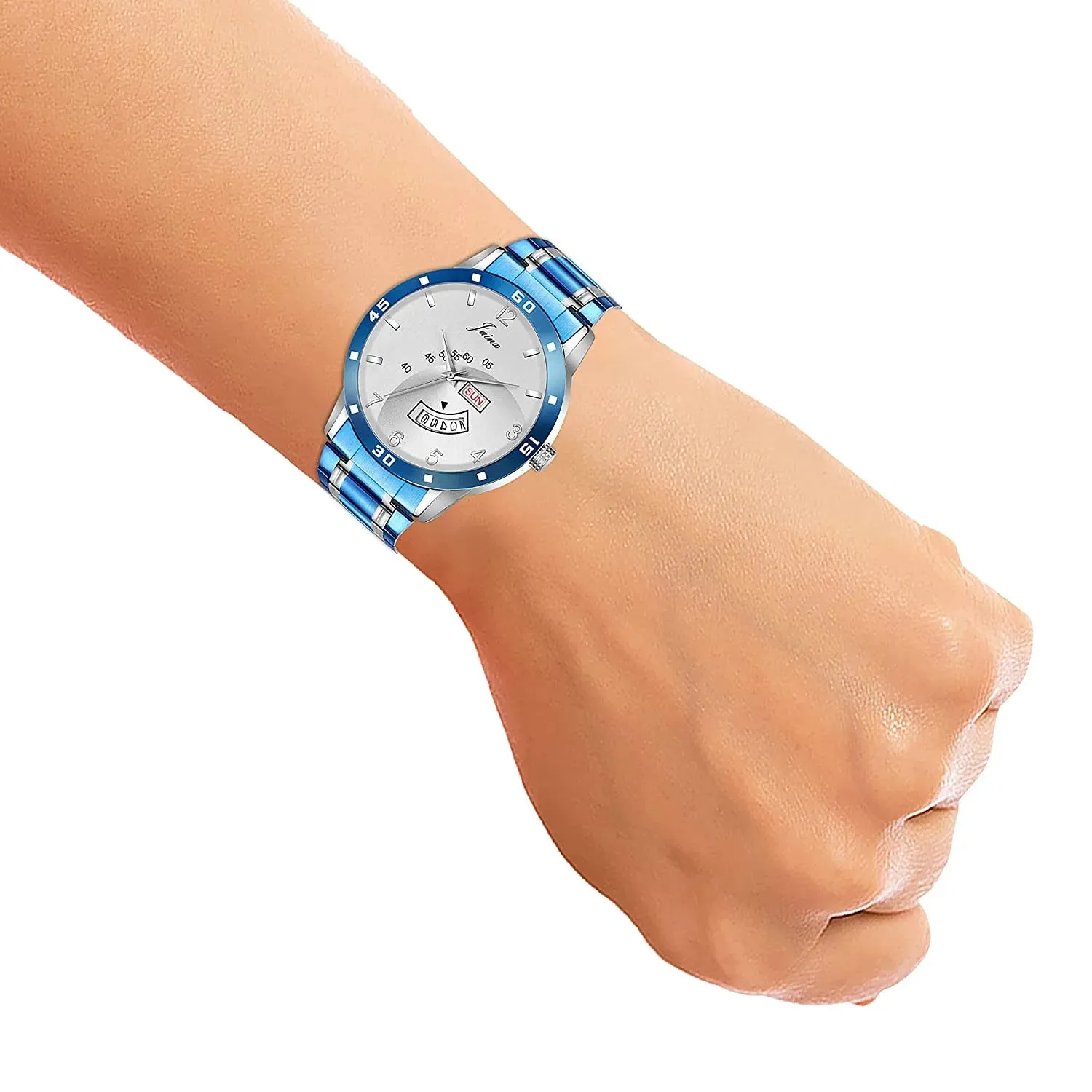 Sports Silver Day & Date Function Blue Chain Analog Watch - For Men JM1160