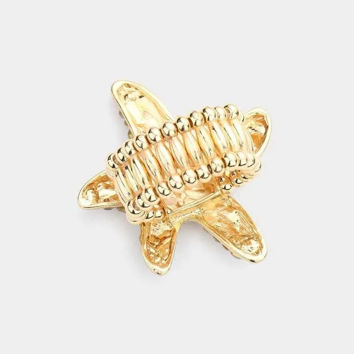 Starfish Bubble Red Stone Embellished Gold Stretch Ring