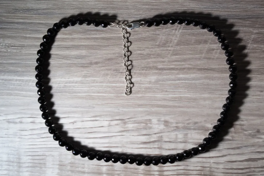Sterling Silver 90's Style Mini Adjustable Onyx Natural Gemstone Mini Necklace