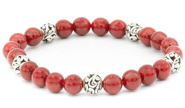Sterling Silver Red Coral Bali Natural Gemstone Bracelet
